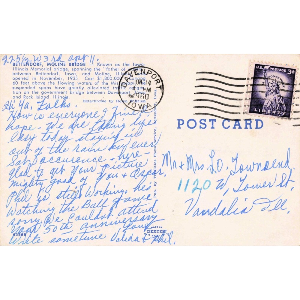 Vintage Bettendorf Moline Bridge Postcard Iowa Illinois Memorial 1960 Postmark - Picture 2 of 2